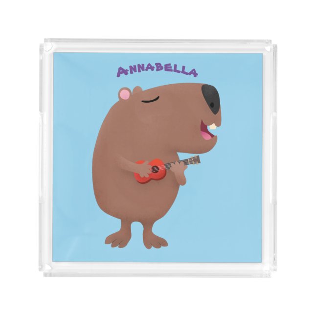Cute singing capybara ukulele cartoon illustration acrylic tray (Front)