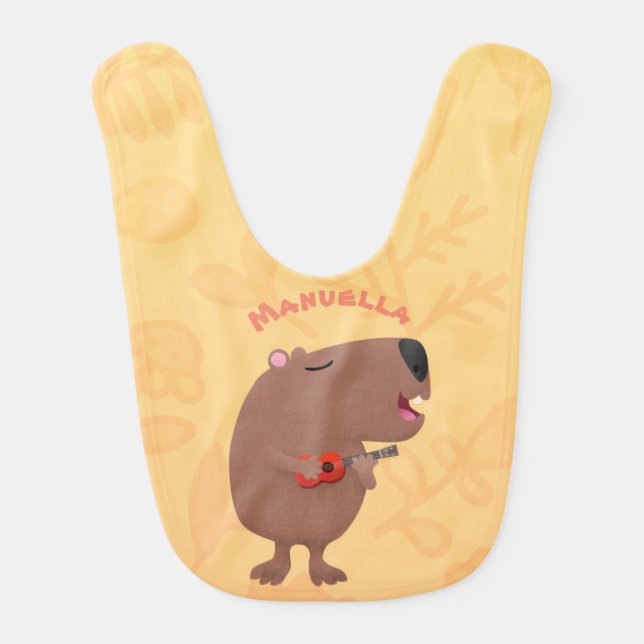 Cute singing capybara ukulele cartoon illustration baby bib (Front)