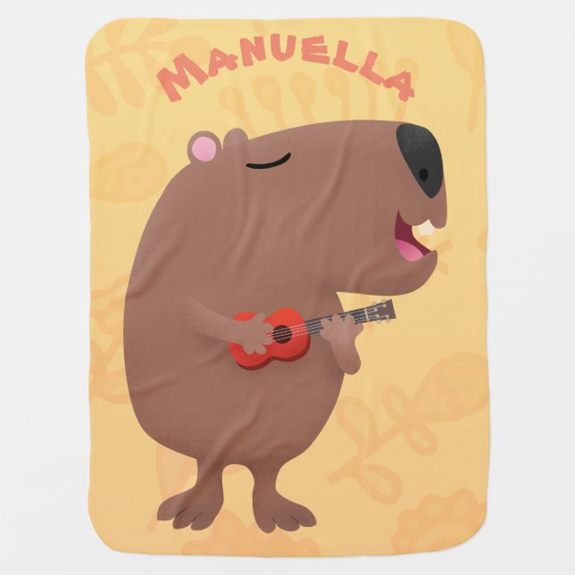 Cute singing capybara ukulele cartoon illustration baby blanket (Front)