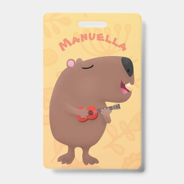 Cute singing capybara ukulele cartoon illustration badge (Front)