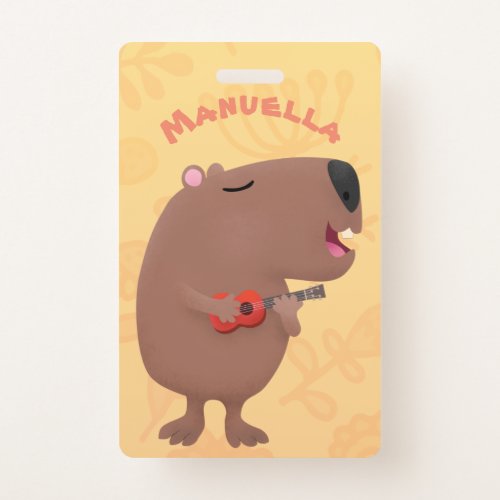 Cute singing capybara ukulele cartoon illustration badge