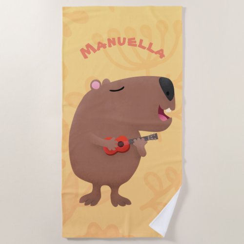 Cute singing capybara ukulele cartoon illustration beach towel