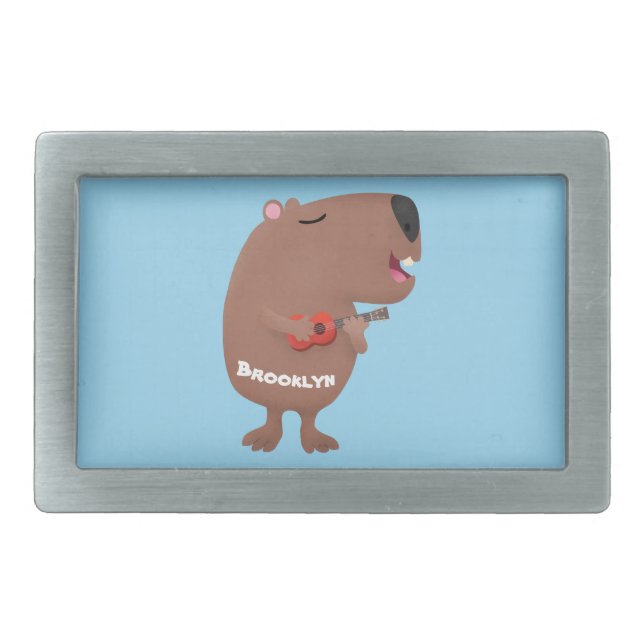 Cute singing capybara ukulele cartoon illustration belt buckle (Front)