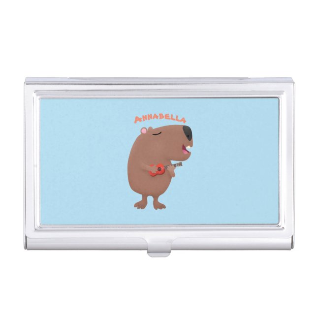 Cute singing capybara ukulele cartoon illustration business card case (Front)