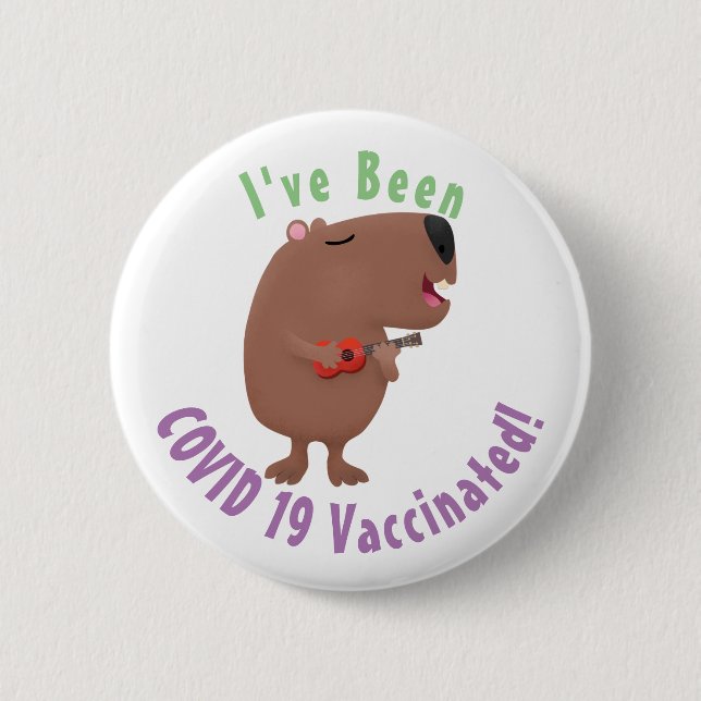 Cute singing capybara ukulele cartoon illustration button (Front)