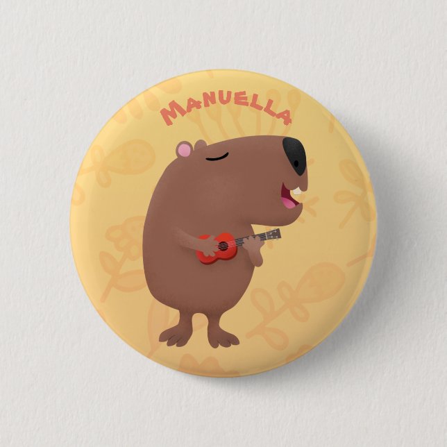 Cute singing capybara ukulele cartoon illustration button (Front)