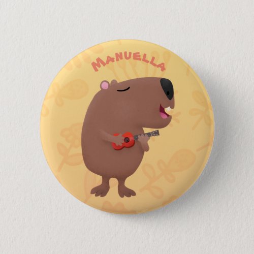 Cute singing capybara ukulele cartoon illustration button
