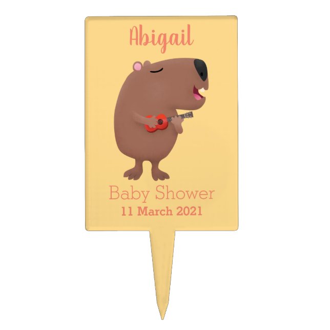 Cute singing capybara ukulele cartoon illustration cake topper (Front)