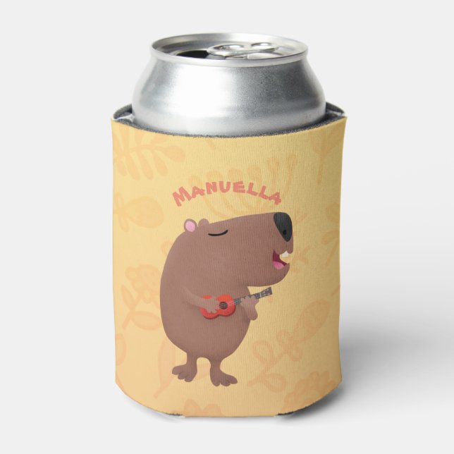 Cute singing capybara ukulele cartoon illustration can cooler (Can Front)
