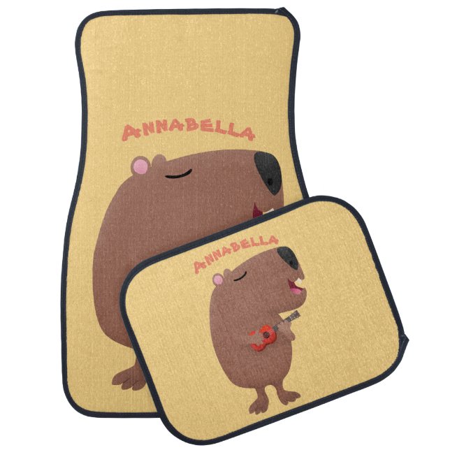 Cute singing capybara ukulele cartoon illustration car floor mat (Set)
