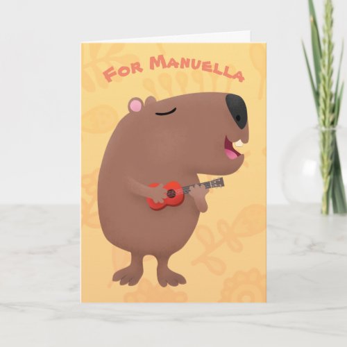 Cute singing capybara ukulele cartoon illustration card