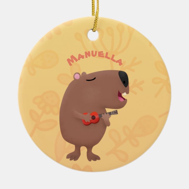Cute singing capybara ukulele cartoon illustration ceramic ornament (Front)