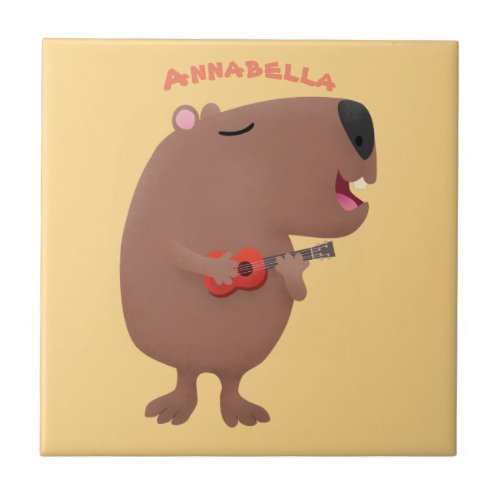 Cute singing capybara ukulele cartoon illustration ceramic tile