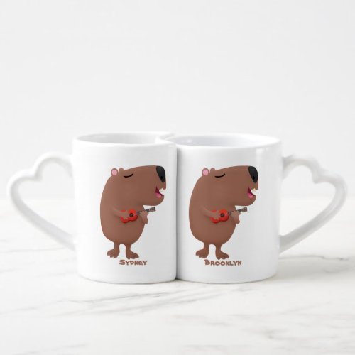 Cute singing capybara ukulele cartoon illustration coffee mug set