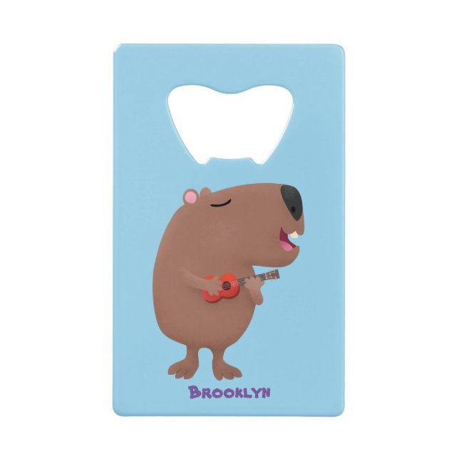 Cute singing capybara ukulele cartoon illustration credit card bottle opener (Front)