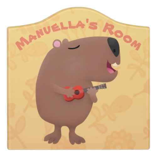 Cute singing capybara ukulele cartoon illustration door sign