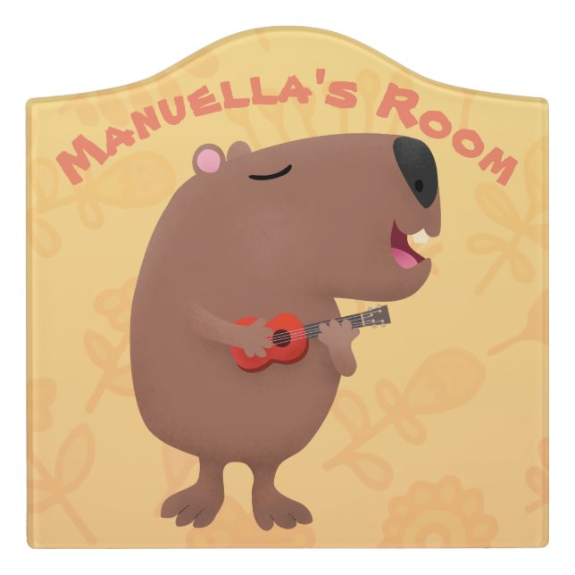 Cute singing capybara ukulele cartoon illustration door sign (Large Crest Front)