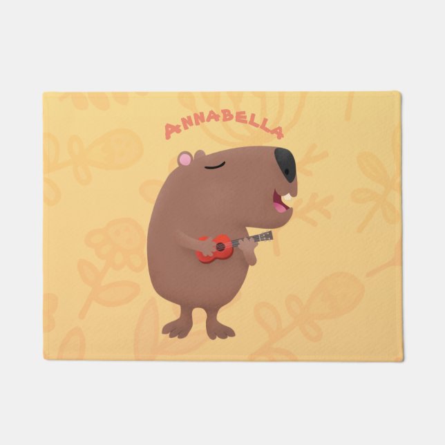 Cute singing capybara ukulele cartoon illustration doormat (Front)