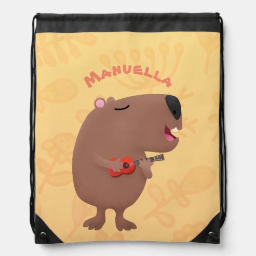 Cute singing capybara ukulele cartoon illustration drawstring bag