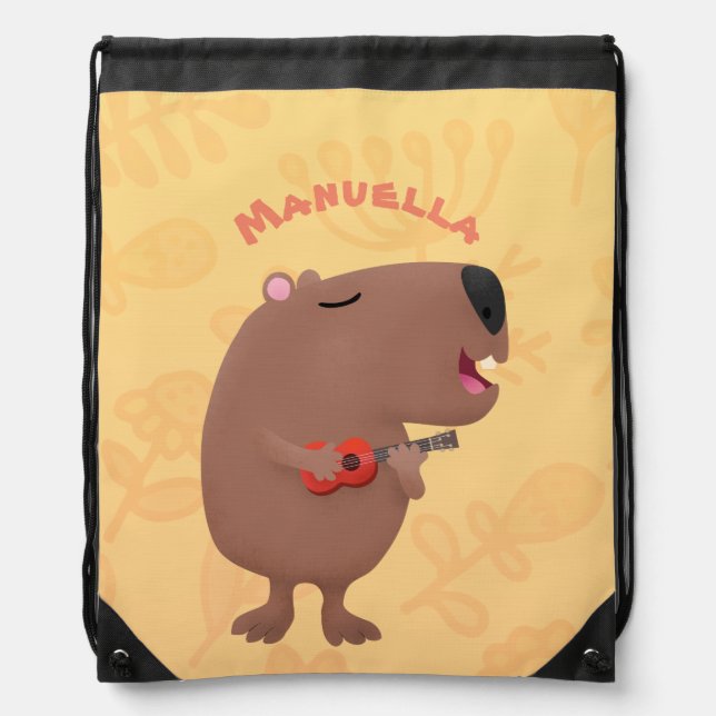 Cute singing capybara ukulele cartoon illustration drawstring bag (Front)
