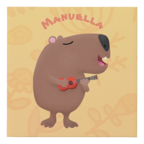 Cute singing capybara ukulele cartoon illustration faux canvas print