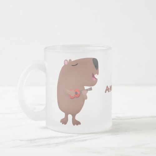 Cute singing capybara ukulele cartoon illustration frosted glass coffee mug