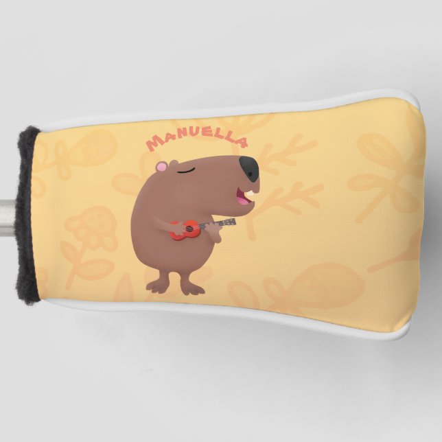 Cute singing capybara ukulele cartoon illustration golf head cover (Front)