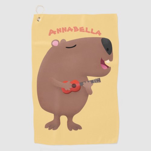 Cute singing capybara ukulele cartoon illustration golf towel