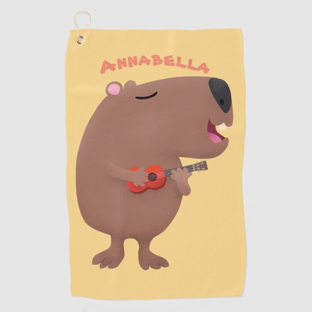 Cute singing capybara ukulele cartoon illustration golf towel (Front)