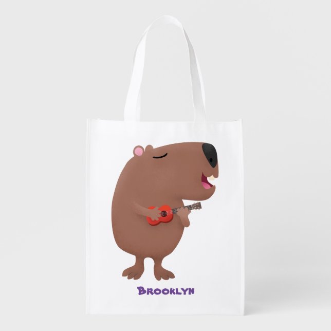 Cute singing capybara ukulele cartoon illustration grocery bag (Front)