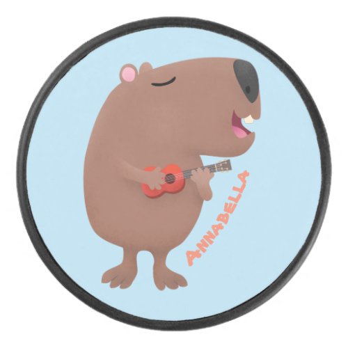 Cute singing capybara ukulele cartoon illustration hockey puck