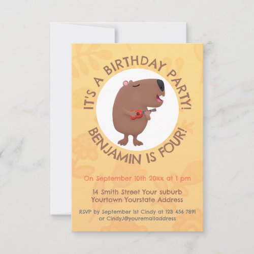 Cute singing capybara ukulele cartoon illustration invitation