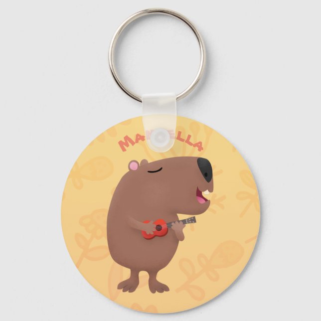 Cute singing capybara ukulele cartoon illustration keychain (Front)