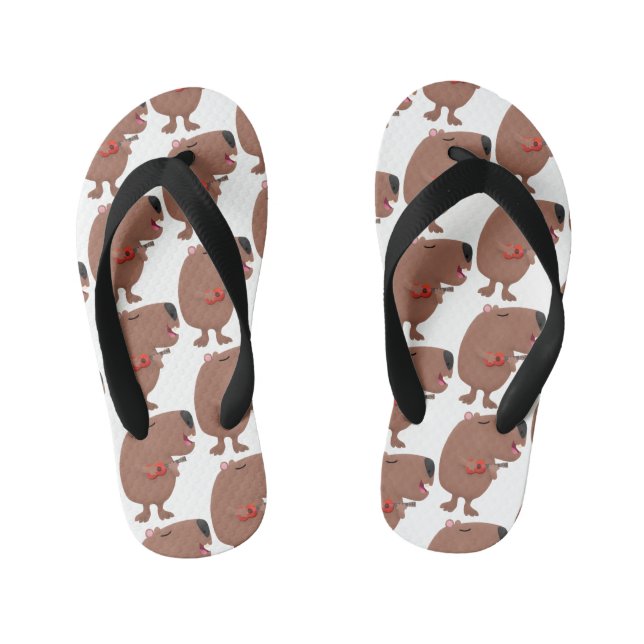 Cute singing capybara ukulele cartoon illustration kid's flip flops (Footbed)