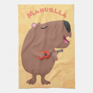 Cute singing capybara ukulele cartoon illustration kitchen towel