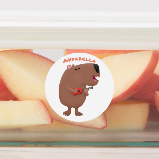 Cute singing capybara ukulele cartoon illustration labels (Affixed)