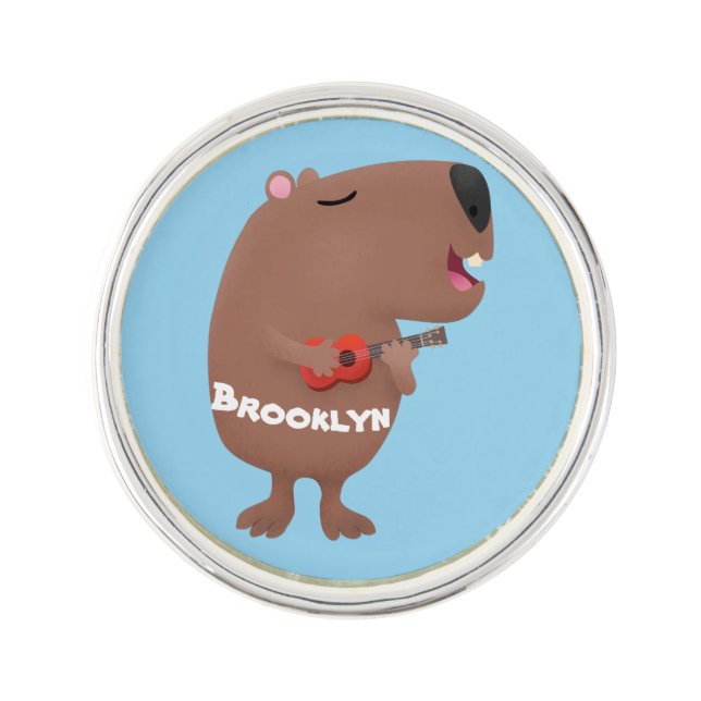 Cute singing capybara ukulele cartoon illustration lapel pin (Front)