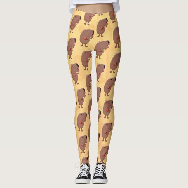 Cute singing capybara ukulele cartoon illustration leggings (Front)