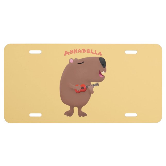 Cute singing capybara ukulele cartoon illustration license plate (Front)