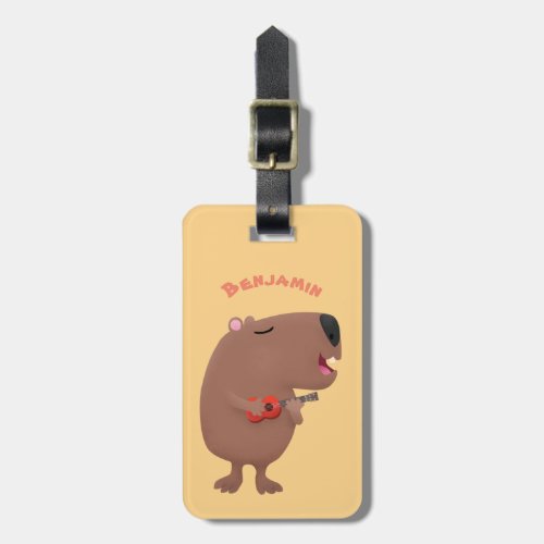 Cute singing capybara ukulele cartoon illustration luggage tag