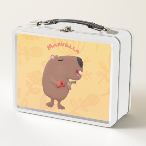 Cute singing capybara ukulele cartoon illustration metal lunch box