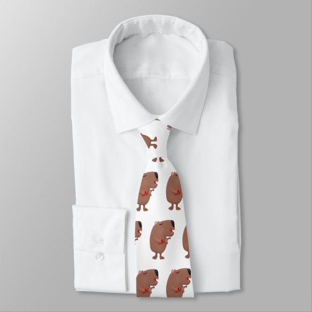 Cute singing capybara ukulele cartoon illustration neck tie (Tied)