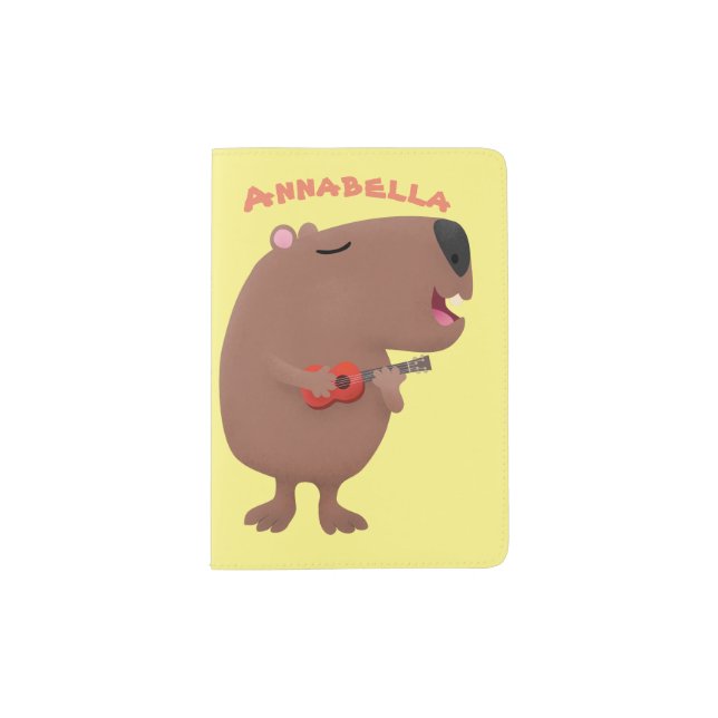 Cute singing capybara ukulele cartoon illustration passport holder (Front)