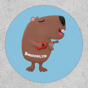Cute singing capybara ukulele cartoon illustration patch