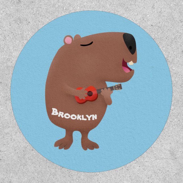 Cute singing capybara ukulele cartoon illustration patch (Front)