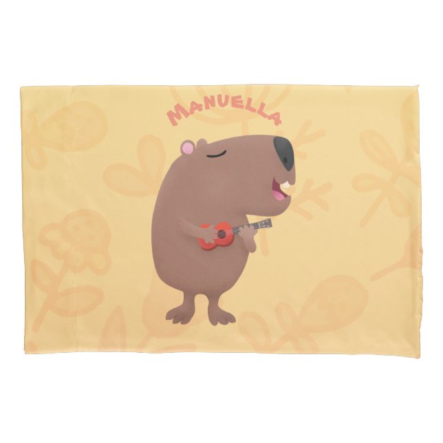 Cute singing capybara ukulele cartoon illustration pillow case (Front)