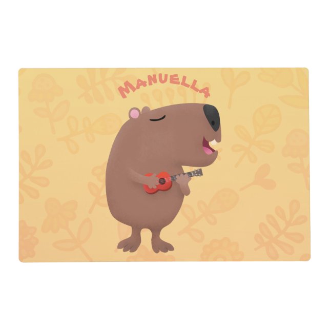 Cute singing capybara ukulele cartoon illustration placemat (Front)