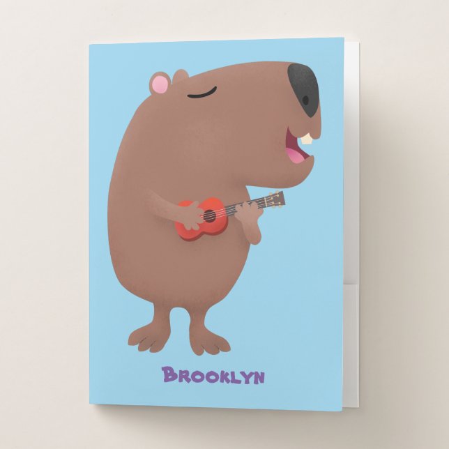 Cute singing capybara ukulele cartoon illustration pocket folder (Front)
