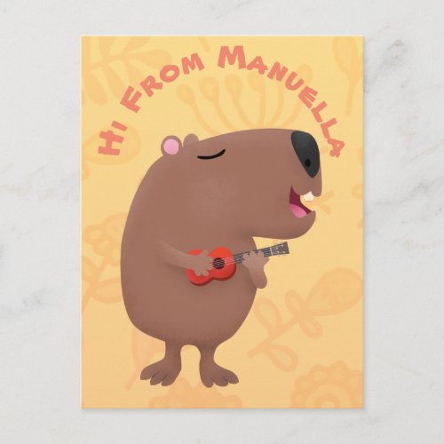 Cute singing capybara ukulele cartoon illustration postcard