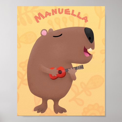 Cute singing capybara ukulele cartoon illustration poster